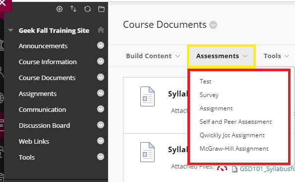 Click on the 'Course Documents' like.  Then on the right, click 'Assessments: