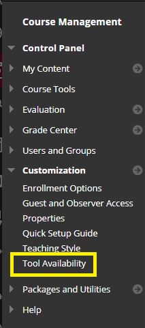 Screenshot of course management menu with tool availability highlighted